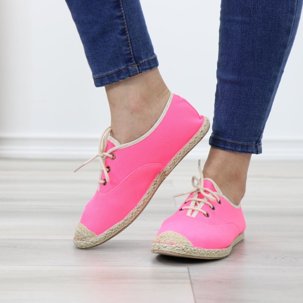 Neon Pink Light Weight Fabric Espadrille Flat Sneakers - Picture 11 of 12